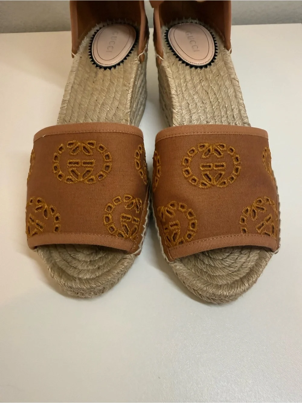 Gucci Brown Embroidered Espadrille Wedge Sandals with Ankle Wraps